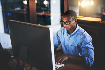 business man, night working and computer with dark office typing and project web research. african m