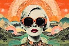 Illustration Of A Woman With Sunglasses, In A Style Inspired By Pop Art And Dreamlike Composition, Travel, Retro Glamour. Generative AI