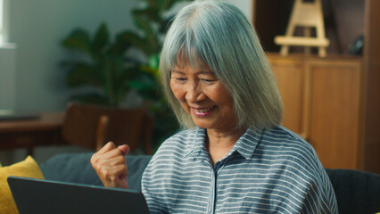 Wall Mural - Beautiful elderly woman checking e-mail using laptop computer surprised receiving good news. Excited old female feeling happy typing chat to family sit on sofa in living room. Senior lifestyle concept