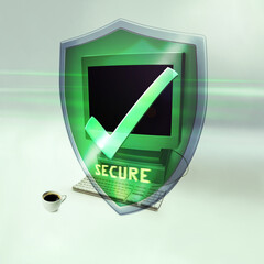 Wall Mural - Shield, computer and check for cybersecurity, safe data or information on web by studio background. Pc, cyber security and programming with 3d holographic logo for malware, tech and virus protection