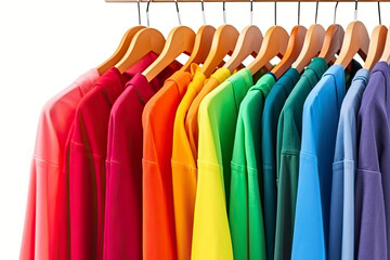 Colors of rainbow. Variety of casual clothes on wooden hangers, isolated on white