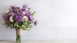 © id512 - Purple and green flowers bouquet is in front of a white wooden wall with copy space, generative ai beautiful art