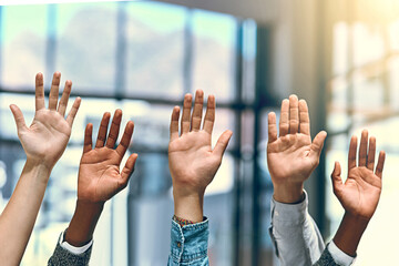 Aufkleber - Group, hands palm and diversity people in a office meeting with question at work. Collaboration, teamwork job and solidarity of worker with arms and hand raised in workplace with team community
