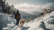 Photograph of a man and his husky hiking on a snowy mountain trail, clear and cold day. Generative AI