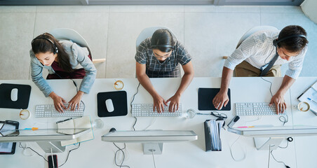 Poster - Call center, computer and top view with business people in office for communication, customer service and contact us. Help desk, online and team of employee in agency for consulting and advisory