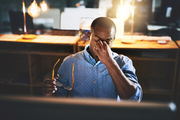 Poster - Black man in business, night and headache with stress and vision problem, crisis and burnout from overtime. Professional male with migraine, brain fog and work late with loss of focus and overworked
