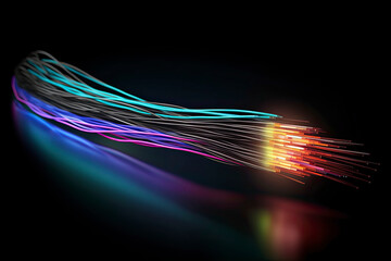 Glowing optical fiber cable or wire realistic vector, fiber optics future technologies. Speed internet connection, network communication and telecommunication, multimedia, digital data bandwidth