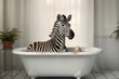 Zebra having a bath in a home bathtub, ai generative
