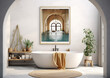 interior of a natural minimal boho style bathroom with one  frame mock up art above bathtub , generative ai
