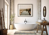 Fototapeta Uliczki - interior of a natural minimal boho style bathroom with one  frame mock up art above bathtub , generative ai