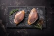 Image of two raw steaks guinea fowl tenderloins dressed and seasoned with herbs and spices on a grey background - AI Generative