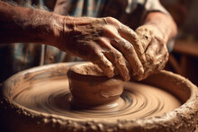 A Close-up Of A Potter's Hands Shaping Clay On A Spinning Wheel, Capturing The Artistic Process Of Pottery Making.  Generative AI Technology