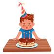 Cute kid in a hat blows out candles on a birthday cake