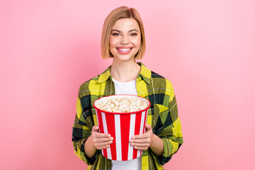 Sticker - Photo of sweet shiny woman dressed checkered shirt watching movie enjoying pop corn isolated pink color background