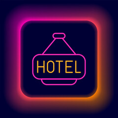 Poster - Glowing neon line Signboard outdoor advertising with text Hotel icon isolated on black background. Colorful outline concept. Vector