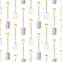 Wall Mural - Seamless pattern with gardening tool and garden equipment, spade and fork with wooden handle, isolated top view on white background. Wrapper template for greenhouse or flower shop.