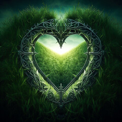 Wall Mural - Generative AI: grass heart for frame or decoration fantasy background