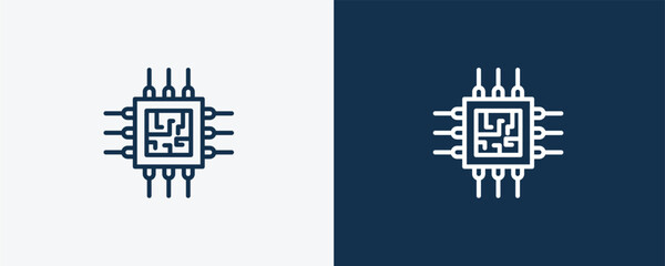 computer chip icons. Outline computer chip, chip icon from computer and tech collection. Linear vector isolated on white and dark blue background. Editable computer chip symbol.