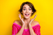 Photo Of Cute Impressed Girl Bob Hairstyle Dressed Off Shoulder Shirt Staring At Unexpected Discount Isolated On Yellow Color Background