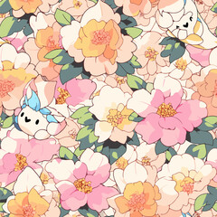 Cute kawaii anime abstract flowers and bunny pattern