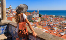Woman Tourist Enjoying Panoramic View Of Lisbon City Landscape- Portugal