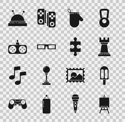 Wall Mural - Set Easel or painting art boards, Ice cream, Business strategy, Oven glove, Cinema glasses, Gamepad, Needle bed and needles and Piece of puzzle icon. Vector