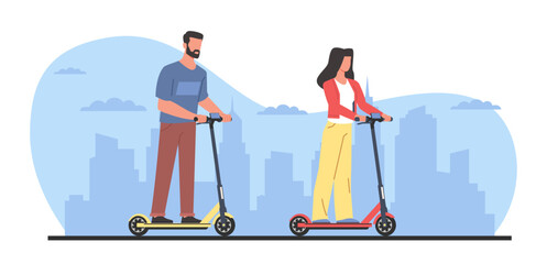 Wall Mural - Woman and man ride around city on electric scooters and take tour. Modern ways of moving. Electronic vehicle eco-friendly store. Boy and girl cartoon flat isolated vector concept