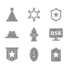 Poster - Set Fire hydrant, American Football ball, USA Independence day, flag, Man hat with ribbon, Police badge and Party icon. Vector