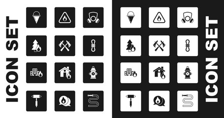 Sticker - Set Gas mask, Firefighter axe, Burning forest tree, cone bucket, Climber rope, flame triangle, hydrant and burning buildings icon. Vector