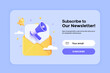 Subscribe to newsletter banner template with letter envelope and megaphone. Email business marketing concept. Subscription to news and promotions. Registration form. Web button mockup. 3D Vector
