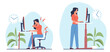 © YummyBuum - Woman works in an office sitting at computer or standing using standing desk. Home or office workplace. Ergonomic table, healthy workstation. Cartoon flat style isolated vector concept