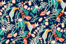 Saturated Wild Bright Tropical Positive Cheerful Multicolored Abstract Seamless Summer Patern. Tropics With Palms, Bananas, Leaves, Birds And Spots Of Wild Animals, Tiger And Leopard.
