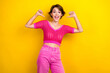 Portrait of good mood ecstatic woman with short haircut wear pink knit top directing at herself isolated on yellow color background