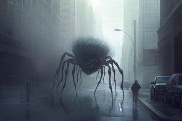 Canvas Print - Digital painting of a colossal venomous skull spider roaming a mist-covered city street - fantasy creature illustration - Generative AI