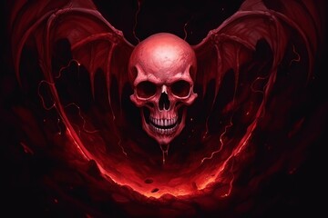 Poster - Digital painting of a skull with demonic wings hovering over a dark red pool of blood - fantasy illustration - Generative AI