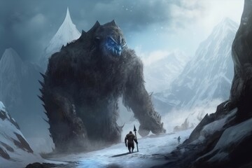 Canvas Print - Digital painting of an ice hill giant traversing a valley with its massive club - fantasy 3D illustration - Generative AI