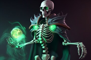 Poster - Digital painting of a skeletal figure infused with magic, emanating a vibrant green glow as they traverse through a mystical realm - fantasy 3D illustration - Generative AI