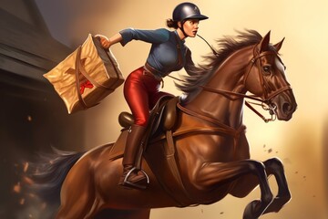 Wall Mural - Digital painting of a mail courier on horseback leaping into a battle, rendered in a classic oil paint style - fantasy 3D illustration