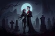 Digital painting of two gothic vampires in a graveyard with a haunted castle in the background - fantasy illustration - Generative AI