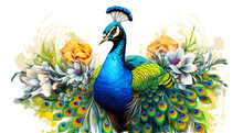 A Colorful Peacock With Flowers On A White Background. Generative AI.