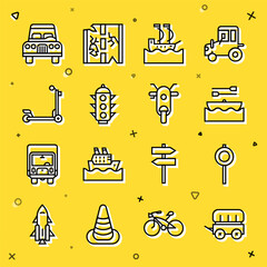 Sticker - Set line Wild west covered wagon, Road traffic signpost, Boat with oars, Sailboat, Traffic light, Scooter, Car and icon. Vector