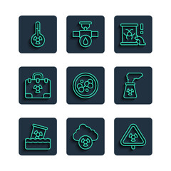 Poster - Set line Radioactive waste in barrel, Acid rain and radioactive cloud, Triangle with radiation, Molecule, Radiation nuclear suitcase, Meteorology thermometer and Nuclear power plant icon. Vector