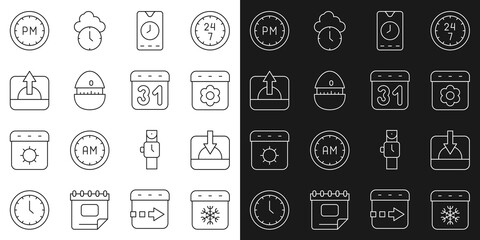 Sticker - Set line Calendar winter, Sunset, spring, Alarm clock app mobile, Kitchen timer, Sunrise, Day and icon. Vector