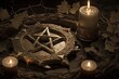 Magic Rituals and Practical Techniques, Visualizations. Witch book for self-creation. Magic simbols and witchcraft staff still life. AI generative