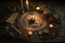 Magic Rituals And Practical Techniques, Visualizations. Witch Book For Self-creation. Magic Simbols And Witchcraft Staff Still Life. AI Generative