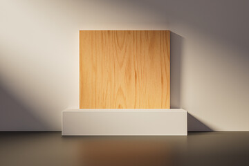 Wall Mural - 3d presentation background pedestal or dais in room interior with wooden back illuminated by sunligh
