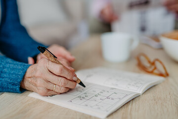 Close up of senior woman doing crossword puzzle.