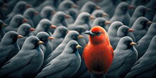 Difference Concept Showing By Extraordinary Bird Standing Out Of The Crowd. Superlative Generative AI Image.