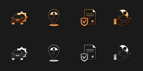 Sticker - Set Car accident, Umbrella, Contract with shield and in hand icon. Vector