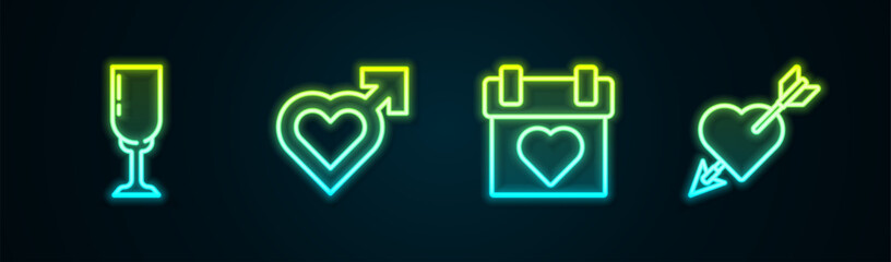 Sticker - Set line Glass of champagne, Heart with male gender, Calendar and Amour heart and arrow. Glowing neon icon. Vector